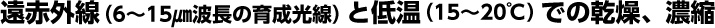 遠赤外線（6～15㎛波長の育成光線）と低温（15～20℃）での乾燥、濃縮